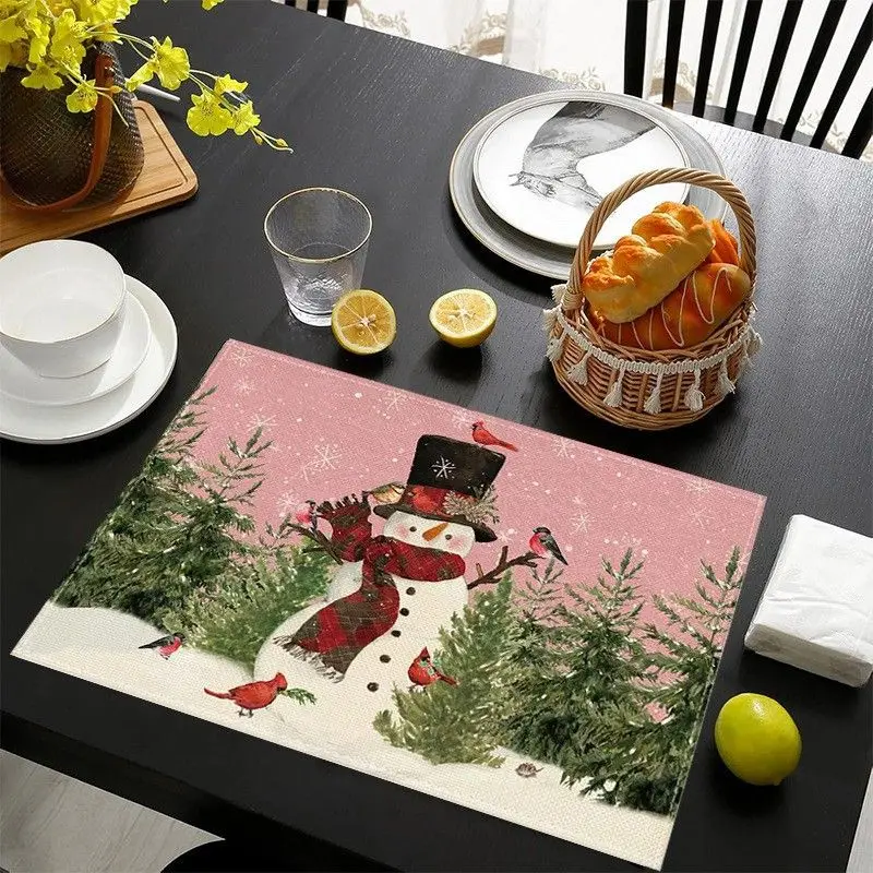 VIKAMA Pink Snowman Christmas Mat Waterproof and Insulated Table Mat Holiday Party Home Restaurant Table Decoration Mat