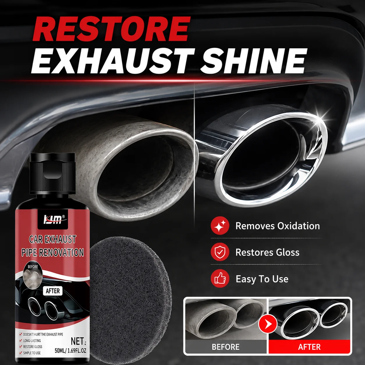 KJM Exhaust Pipe Polish 50ml Car Motorcycle Chrome Refurbishing Paste Metal Oxide Rust Stain Remover Cleaning Compound