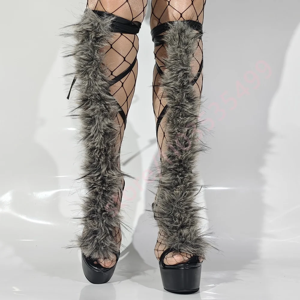 

Лето 2023, серые туфли на шпильке с мягким меховым ремешком, сексуальные полые подиумные повседневные ботинки, стильные модные вечерние женские ботинки