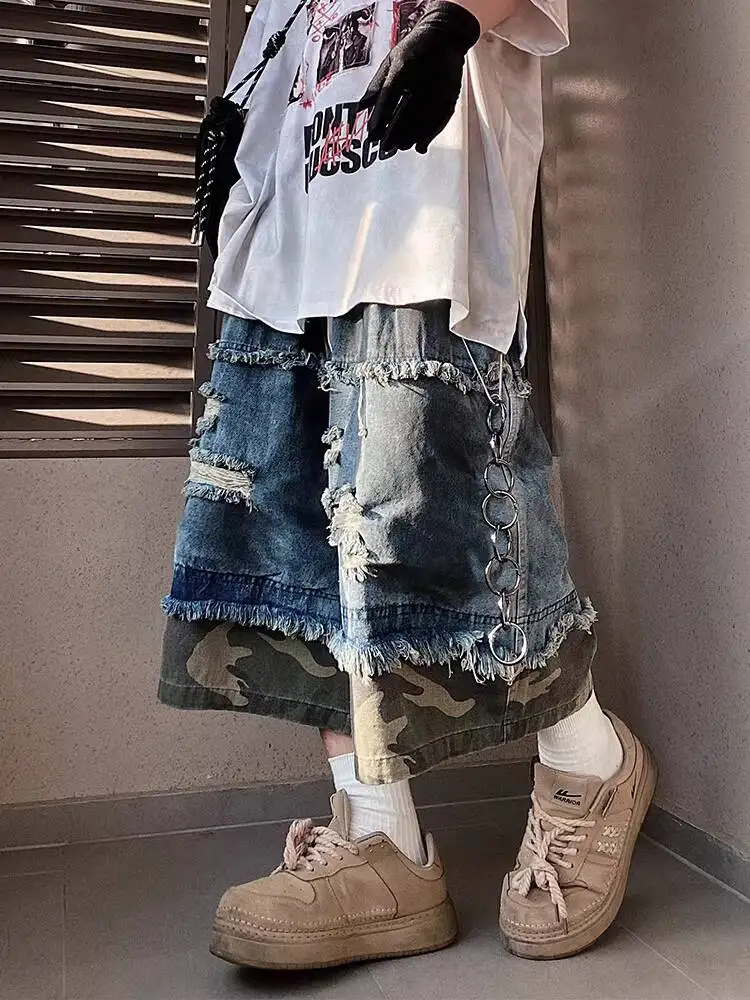 Unisex Cropped Pants Jeans 2026 New Camouflage Ripped Denim Shorts Loose Cargo Wide Leg Vintage Washed Capri & Knee Length Pants