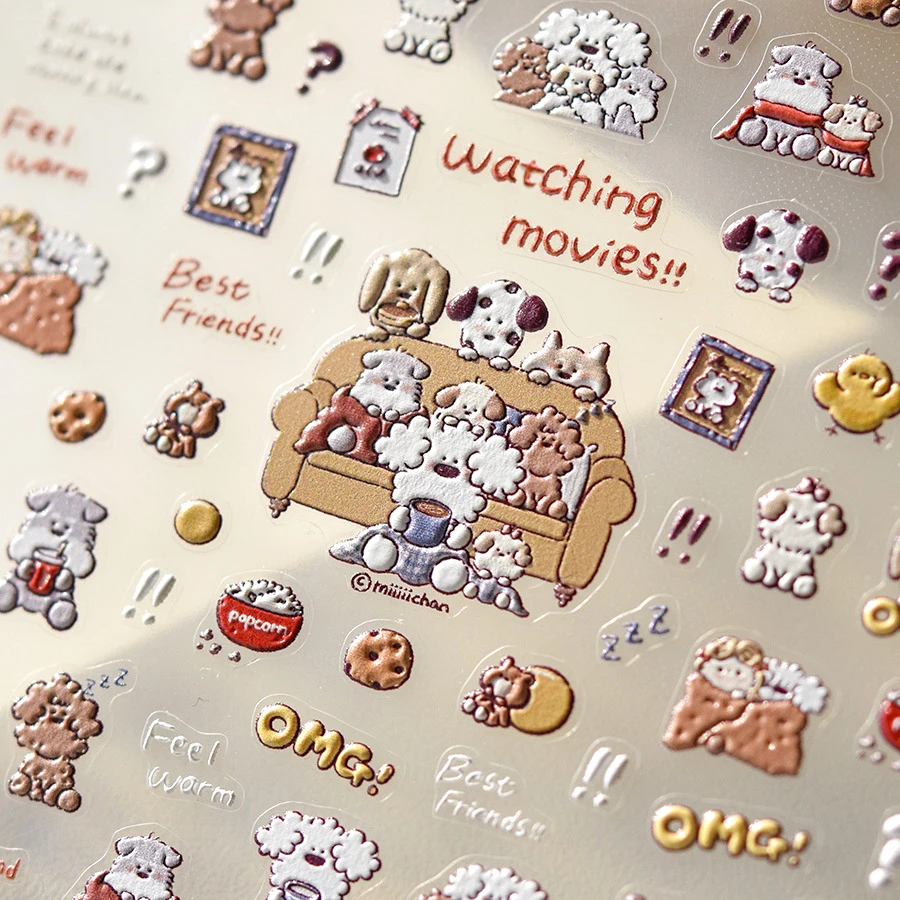 Cute Cartoon Puppy Girl Dog Bear Animal Family 3D Soft Embossed Reliefs Self Adhesive Nail Art Stickers Japanese Manicure Decals