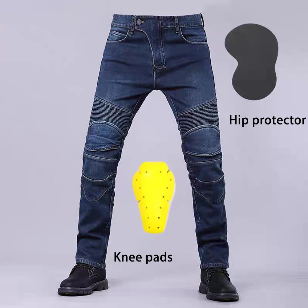 Classic Black Blue Motorcycle Riding Jeans with Knee Hip Pads Motocross Racing Pants Motorbike Cycling Trousers Protective Pants