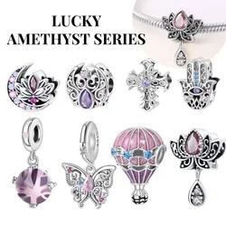 Mystic Lucky Amethyst Butterfly Crucifix Birthstone Charm Pendants Fit Bracelet Necklace Jewelry Birthday Gift  for Women