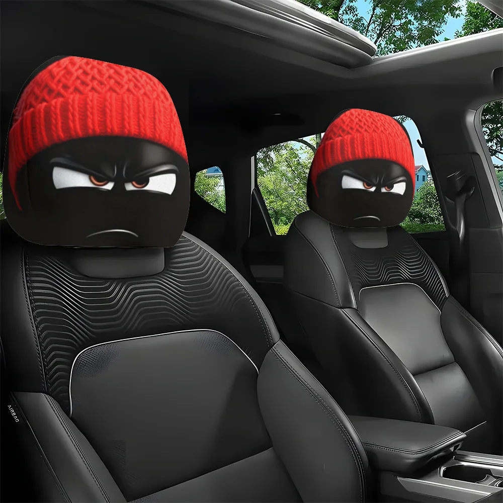 2pcs Set, Red Hat Cool Expression Cartoon Print  Headrest Covers, Creative  Interior Decoration, No Filling Material, Easy to