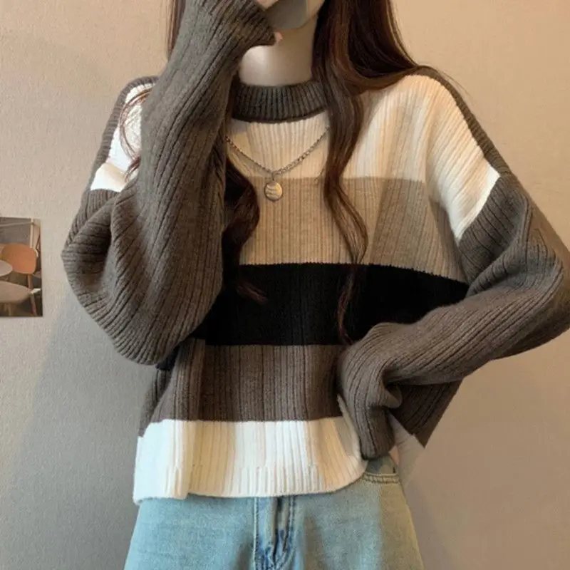 Women Vintage Patchwork Stripe Sweater Jumpers Korean Lady Knit Pullovers Tops with Necklace 2023 New Arrival Knitwear Female