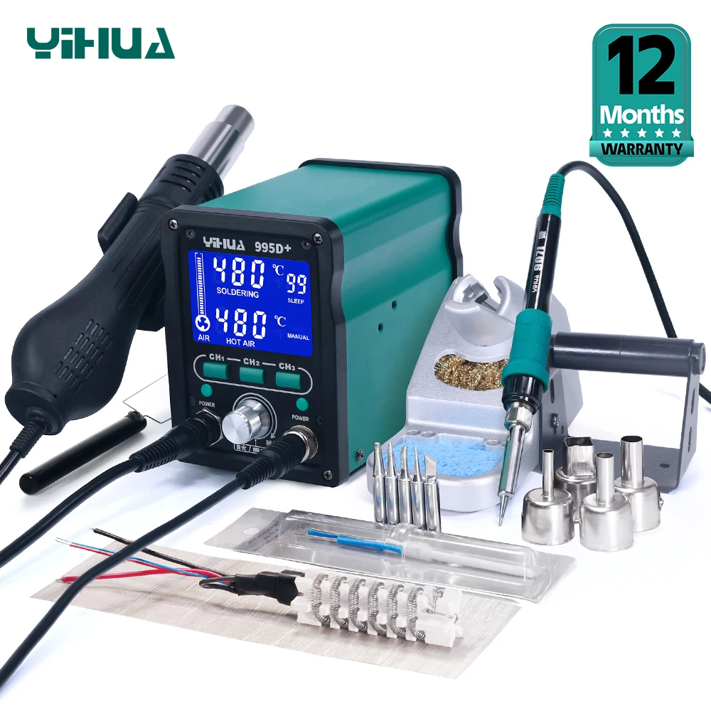 תחנת הידוק YIHUA 995D+SMD עם פיסטולת אוויר חם נשלפת, תחנת הידוק BGA לתיקון טלפונים ותיקון ריתוך
