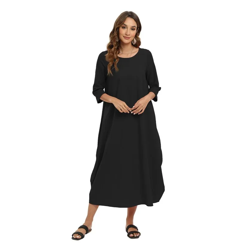 Women Dress round Collar Pullover Dress Long-sleeved Dress Solid Loose Long Cotton Caftan S-5XL