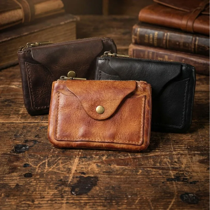 Multi-Compartment Vintage Top Grain Leather Coin Purse, Dual Pocket Design Card Holder with Snap Closure & Secure Zipper Pocket