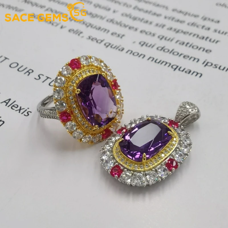 SACE GEMS Luxury 100%925 Sterling Silver 10*14MM Natural Amethyst Crystal Rings Pendant Wedding Engagement Fine Jewelry Set Gift