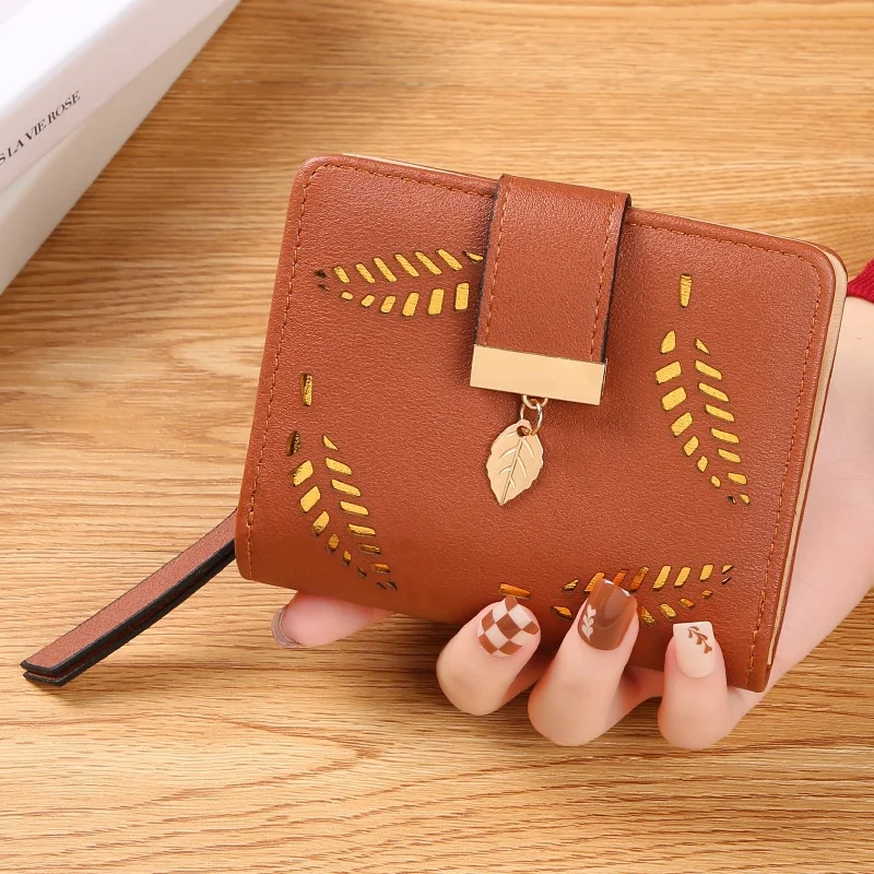 

New Women'S Zippered Small Coin Purse, Hollow Leaf Design Wallet, Trendy Student Card Holder, Stylish Change Pouch, Card Case