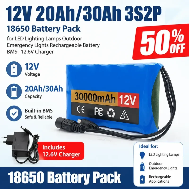 12V 20Ah/30Ah 3S2P 18650 Battery Pack for LED Lighting Lamps Outdoor Emergency Lights Rechargeable Battery BMS+12.6V Charger