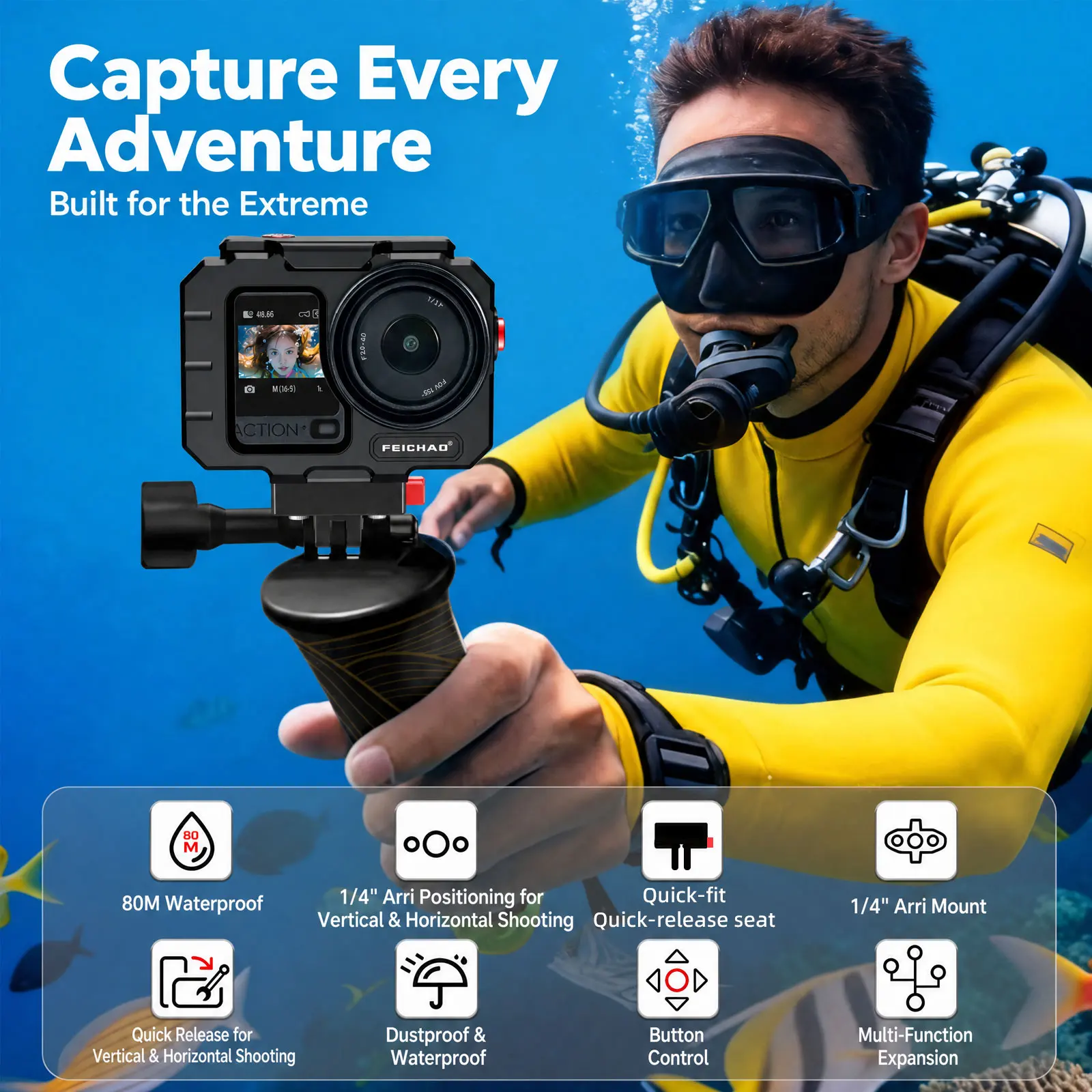 80M Underwater Diving Aluminum Case Button Control for DJI Osmo Action 6 Waterproof Protective Housing Cage w 1/4