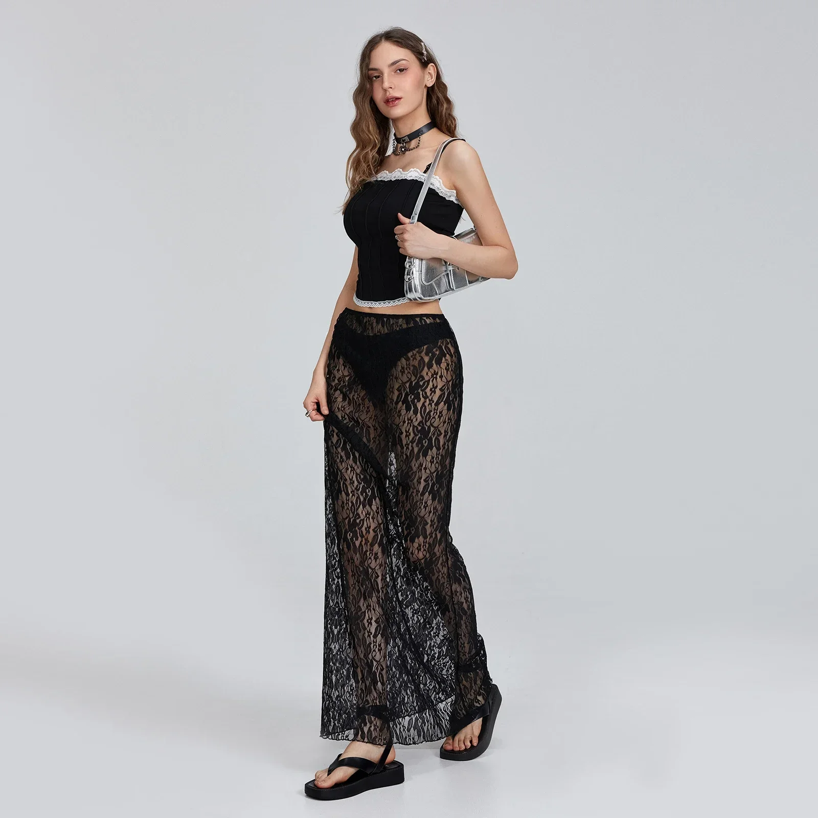 

Women Sexy Sheer Lace Maxi Skirts Female Summer Boho See Through Bodycon Long Skirts for Party Club Streetwear Y2K Fairy Clothes
