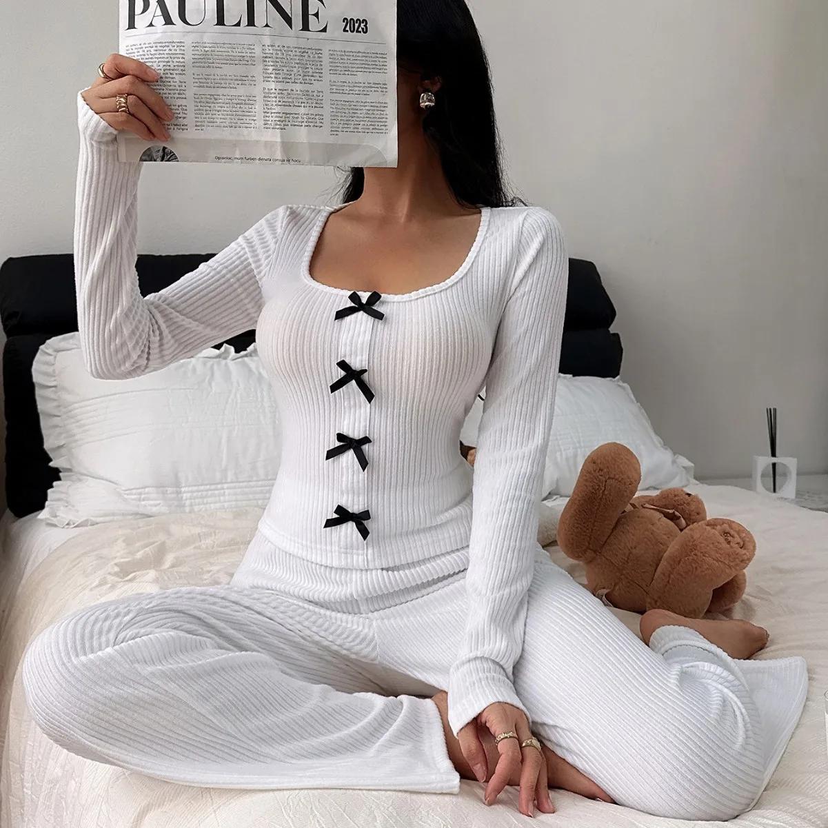 

Women Spring Autumn Casual Pajamas Set Long Sleeve Bow Button Solid Knit Tops + Pants Loose Sleepwear Homewear Female Loungewear