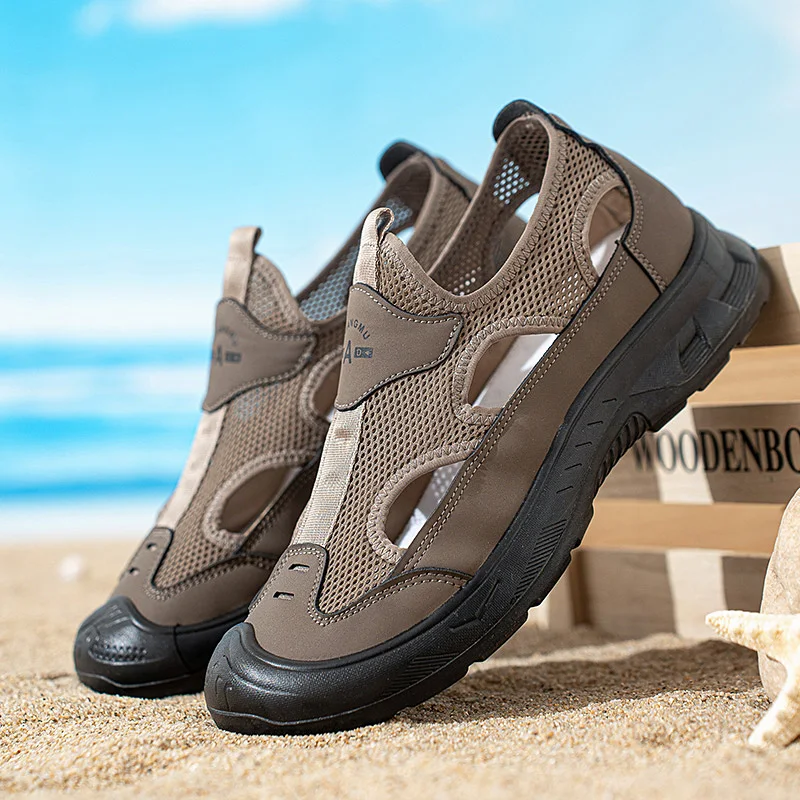 

Лето 2023, мужские сандалии, новая дышащая пляжная обувь на полой подошве, ультралегкая нескользящая летняя повседневная обувь, прогулочная обувь