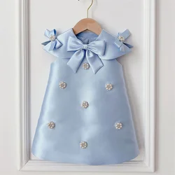 Princess Satin Scoop Pearls Bow Flower Girl Dress Children First Communion Dress Ball Gown Wedding Party Dress Birthday Show