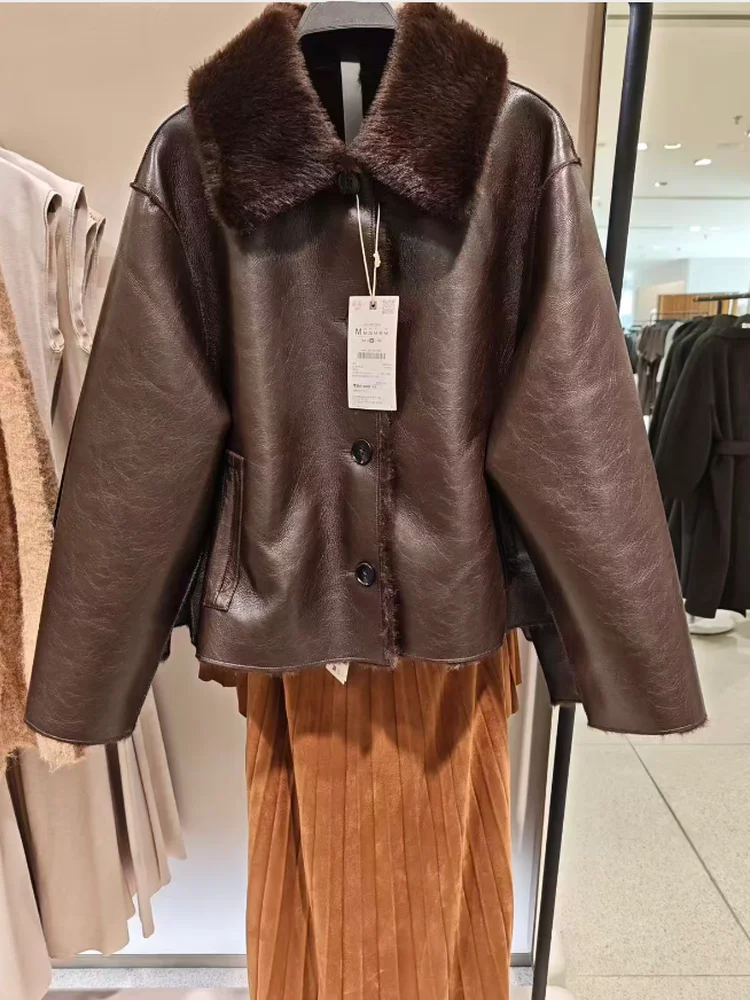 

Двусторонняя одежда из искусственной кожи, свободная женская куртка из натуральной кожи, новая зимняя коллекция, винтажная одежда на пуговицах с длинными светями...