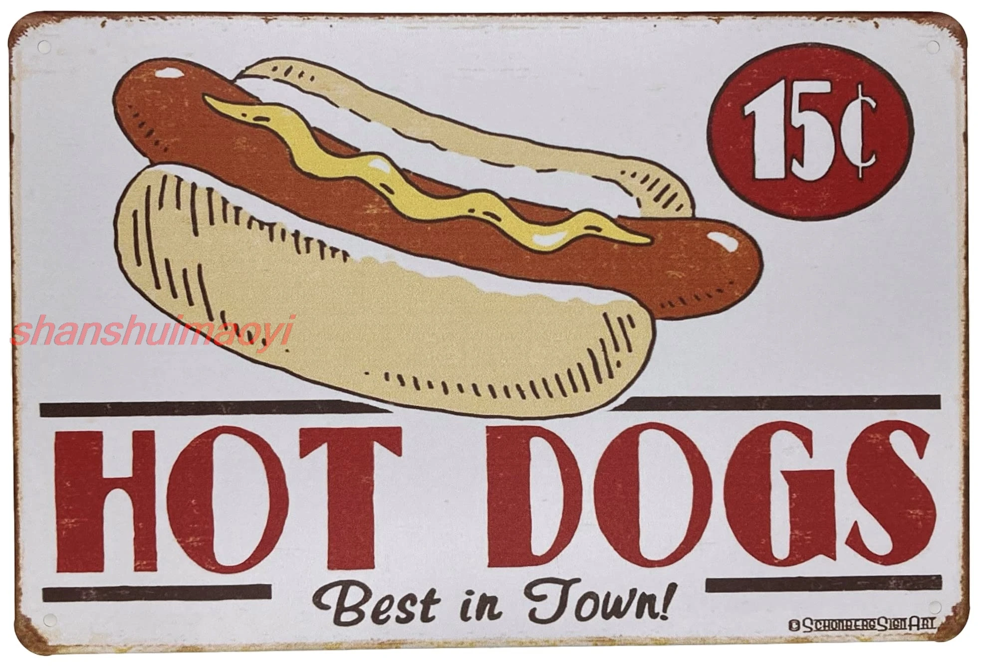 Tin Metal Wall Sign | Hot Dogs for 15 cents 8 x 12 in | Decoration Poster for Home Restaurant Bar Room Garage Decor | Vinta NIU