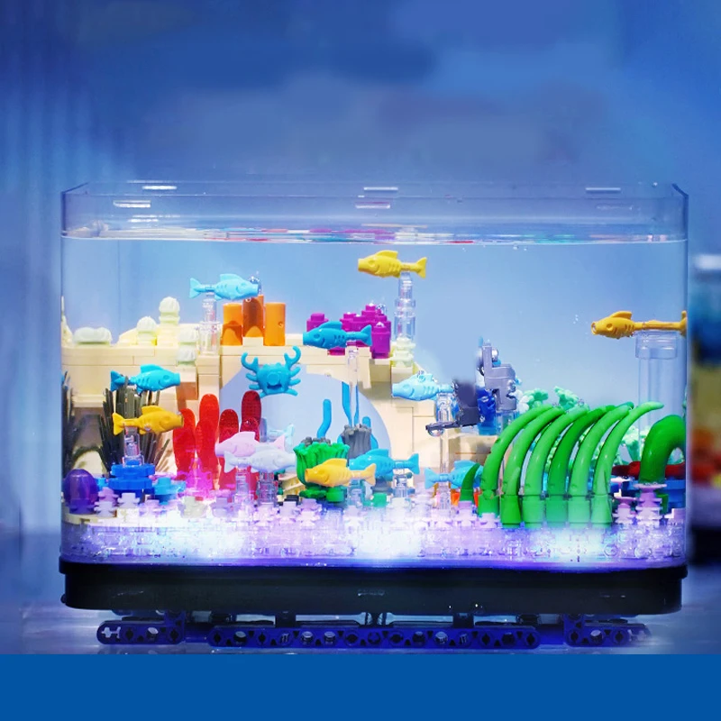 Creative Mini Fish Tank Aquarium Seaweed Biology Ship Model Building Block Shipwreck DIY Fishbowl With LED Light Bricks Toy Gift