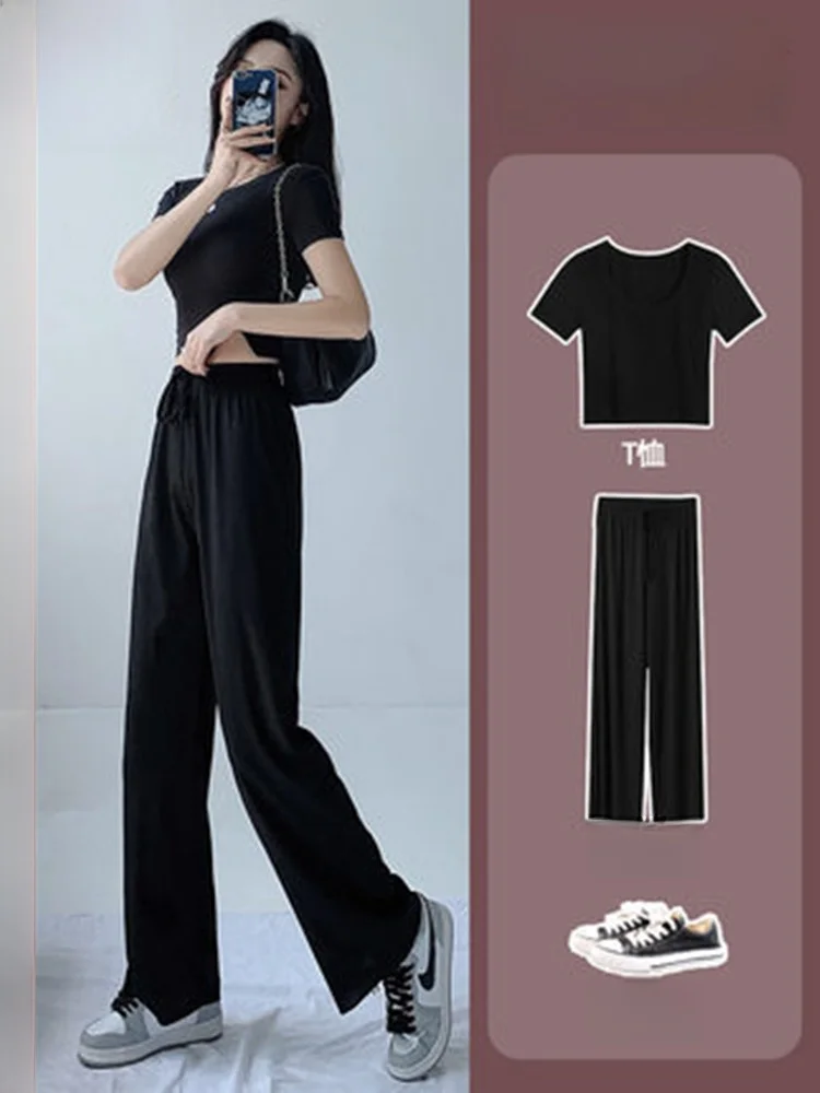 plus Size Women's Ice Silk Wide Leg Pants Set Loose Fitting Comfortable plus Size Ladies High Waist Trousers Casual Fashion