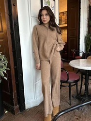 Autumn Winter Solid Knit Two-piece Set Female Zipper Long Sleeves Lapel Sweater Top+High Waist Wide Leg Pant Female Knitted Suit