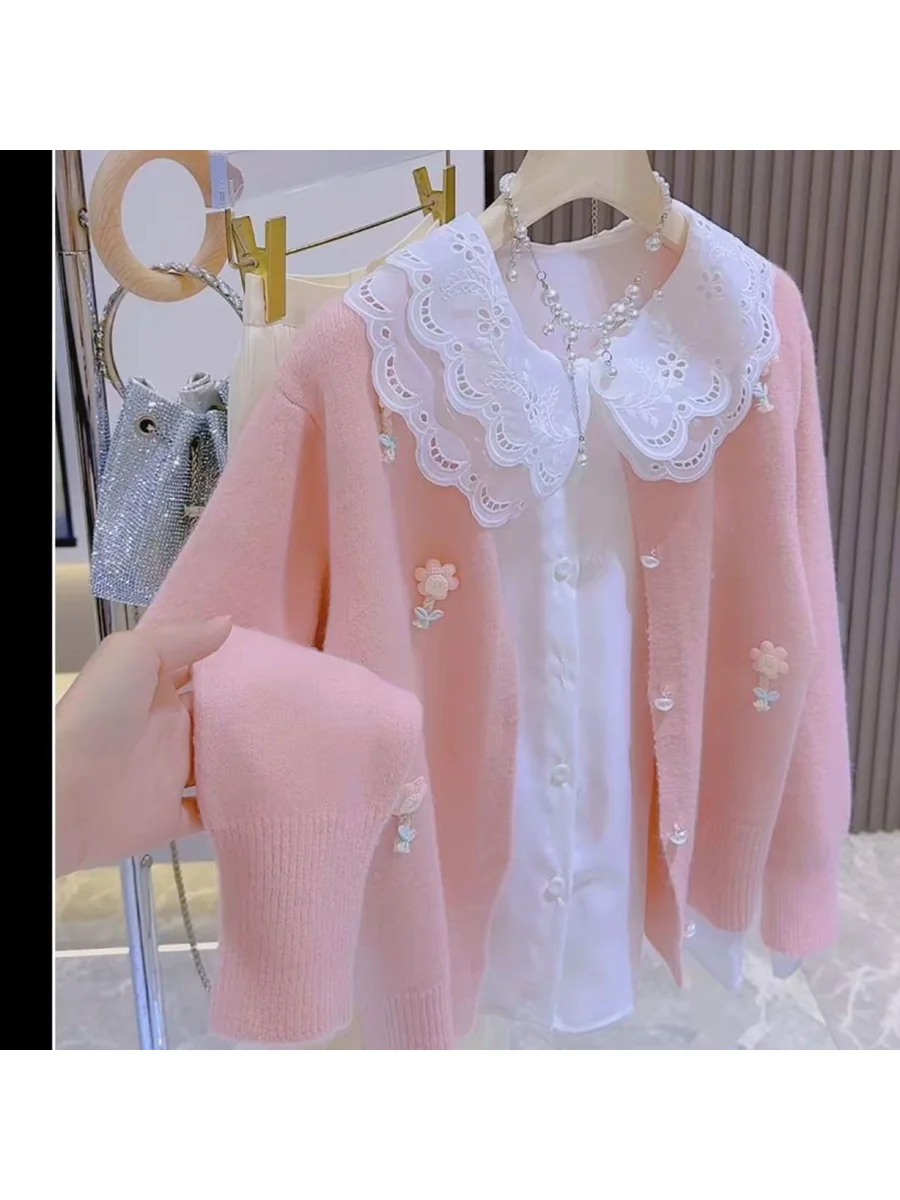 Soft Cozy Knitted Cardigan And Shirt Set Autumn Winter Women's Fashion Floral 3D Knitwear Gentle Style Korean Trendy Ensemble