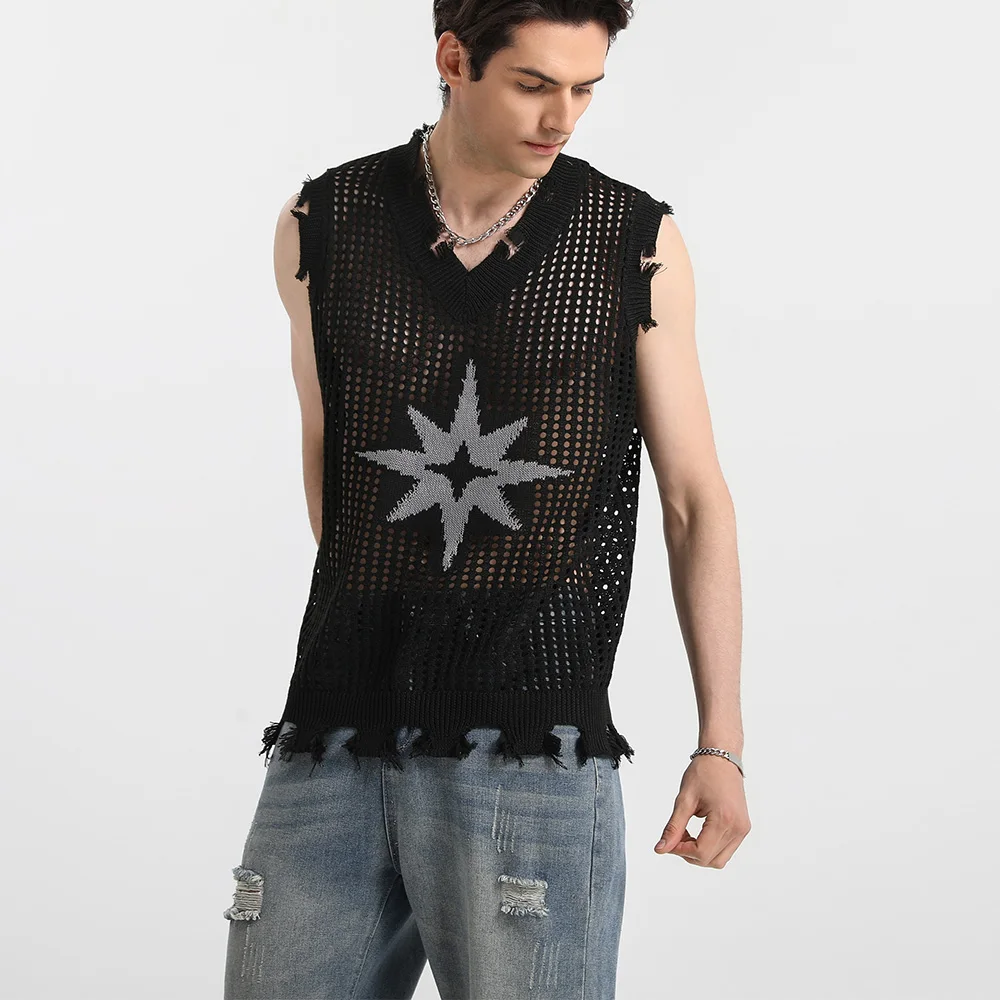 Slavinson Men's Knitted Vest Summer Solid Color Star Pattern Mesh Vest Casual Sleeveless Breathable Woolen Knit Soft Top US Size
