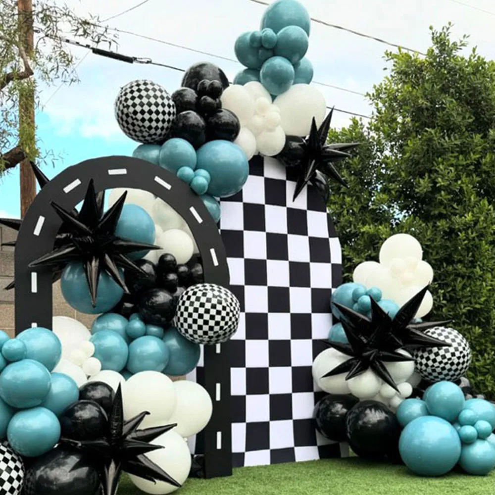 

135Pcs Race Car Balloon Garland Kit Two Fast Birthday Decorations Blue and Black White & Checkered Flag Balloons Race Cars Party