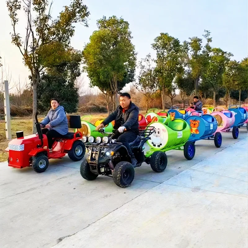 Electric Sightseeing Train, Multi-passenger Amusement Ride, Trackless Oil Drum Train, 6-Carriage Outdoor Fun, Custom Patterns