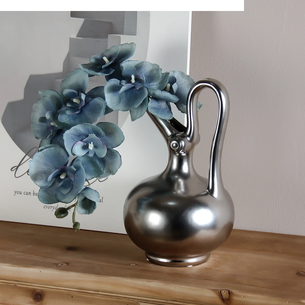 Ceramic Vase Silver Vintage Handle Jug Flower Hydroponic Arrangement Terrarium Home Decoration Accessories