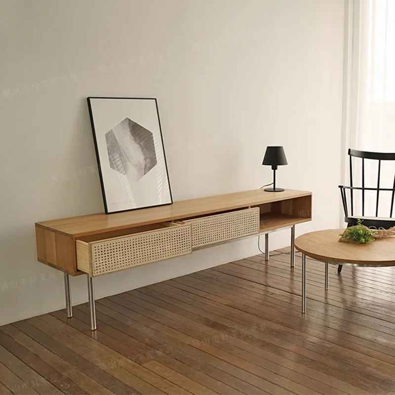 Solid wood woven rattan TV cabinet, Nordic minimalist small apartment oak basecabinet, living room multifunctional woven rattan
