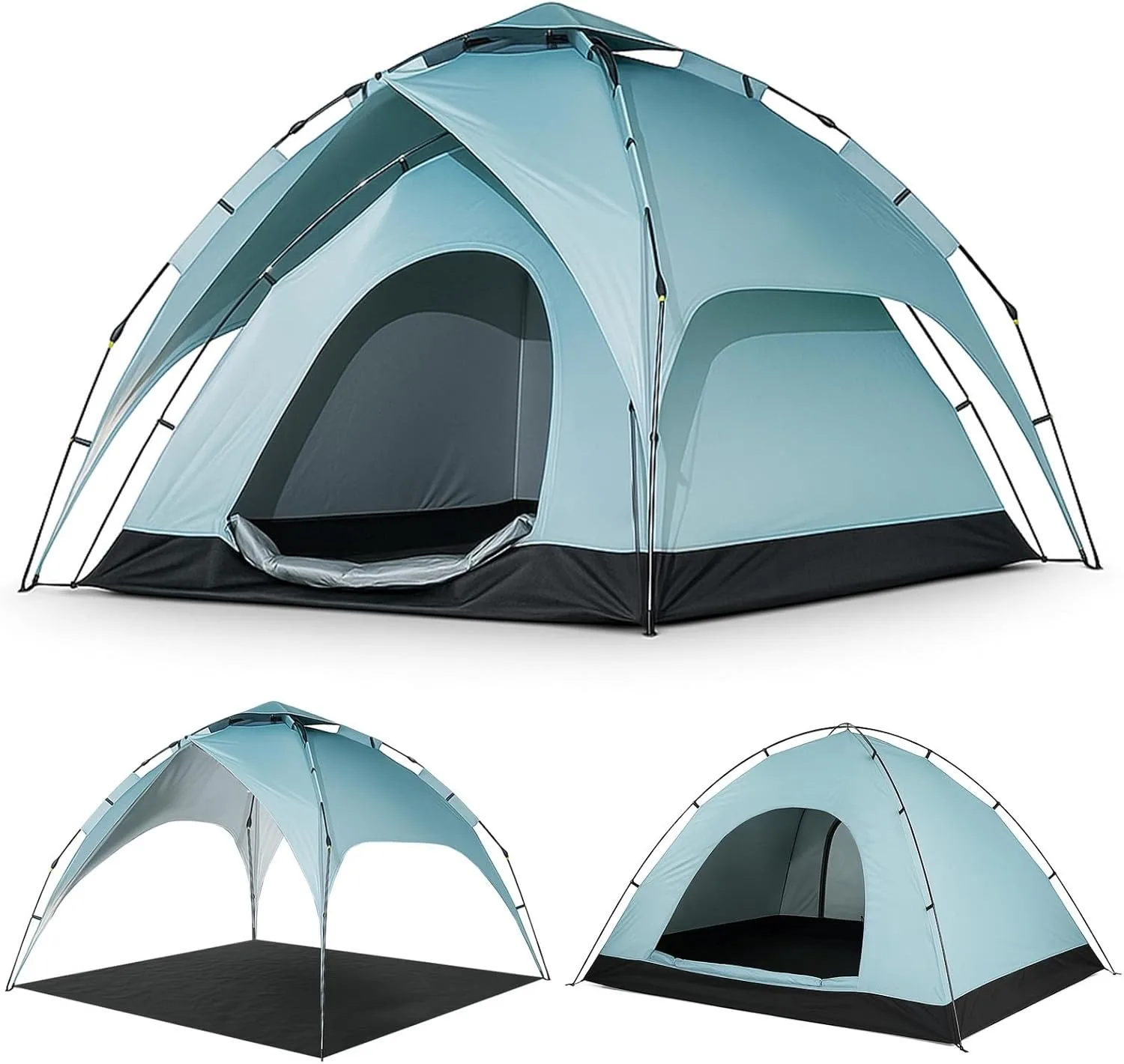 Automatic 4P 3-in-1 Pop up Tent Waterproof Polyester Ripstop UV Protection Silver Coated Inner Layer for Camping and Hiking