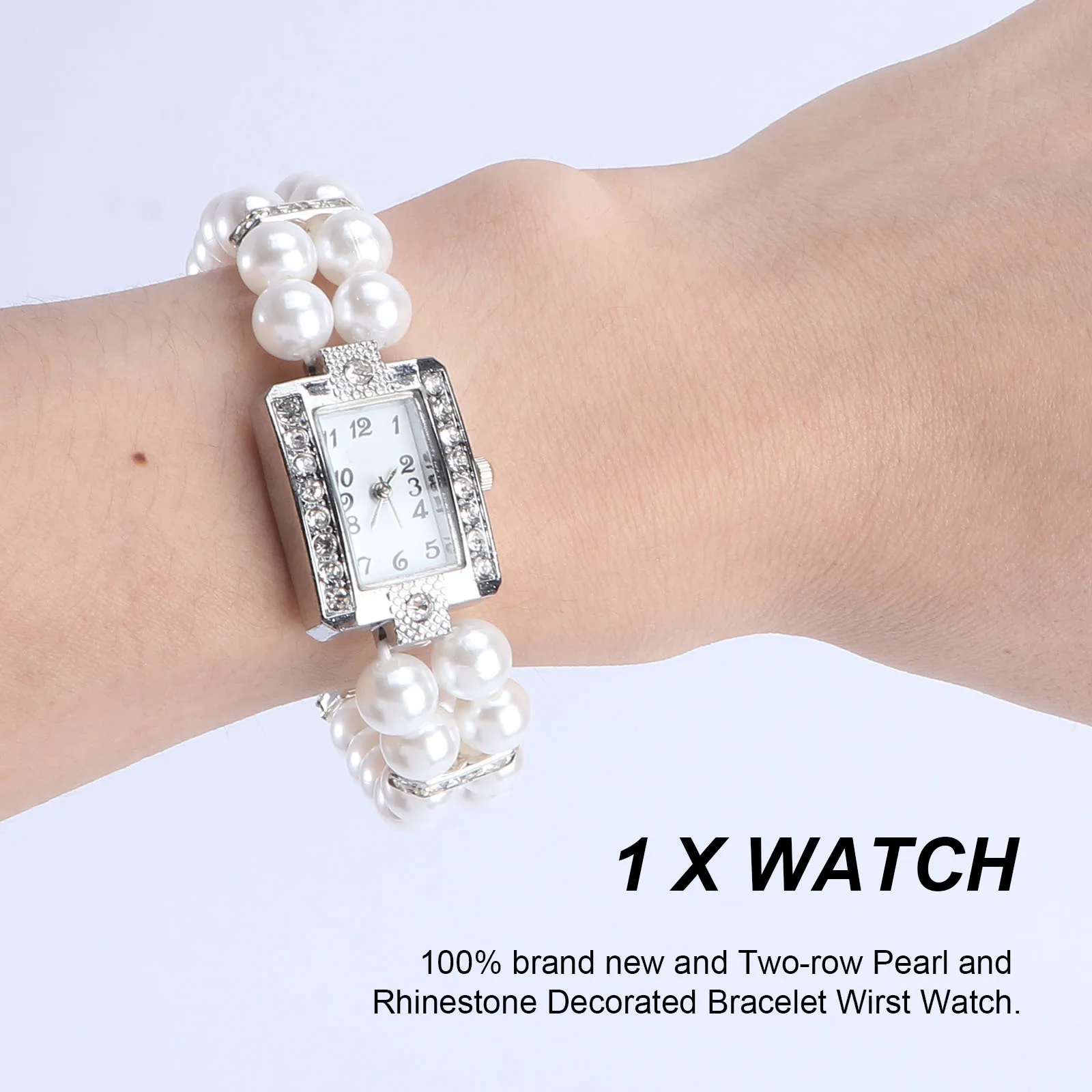 ساعة يد نسائية بسوار من حجر الراين واللؤلؤ الأبيض مكونة من صفين، ساعة يد كوارتز أنيقة غير متضمنة لاستحمام السباحة