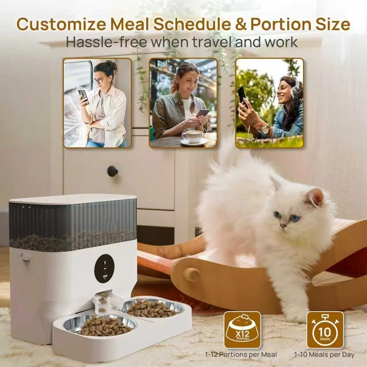 Automatic WiFi pet feeder, can accommodate 2 pets, capacity 5 liters, bowl height adjustable, smart dog and cat feeder with 2 st