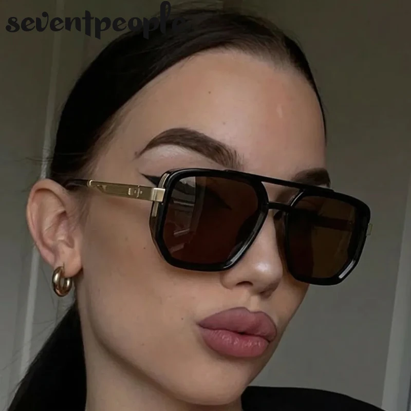 

2026 Trendy Polarized Sunglasses Women Square Brown Lens Driving Shades Luxury Designer Steampunk Big Frame Metal Eyewear