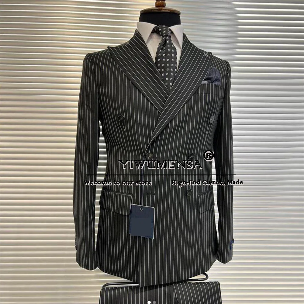 

Stripe Suit Men Formal Business Double Breasted Jacket Pants 2 Pieces Groom Wedding Tuxedos Bespoke Costume Homme Pour Mariage