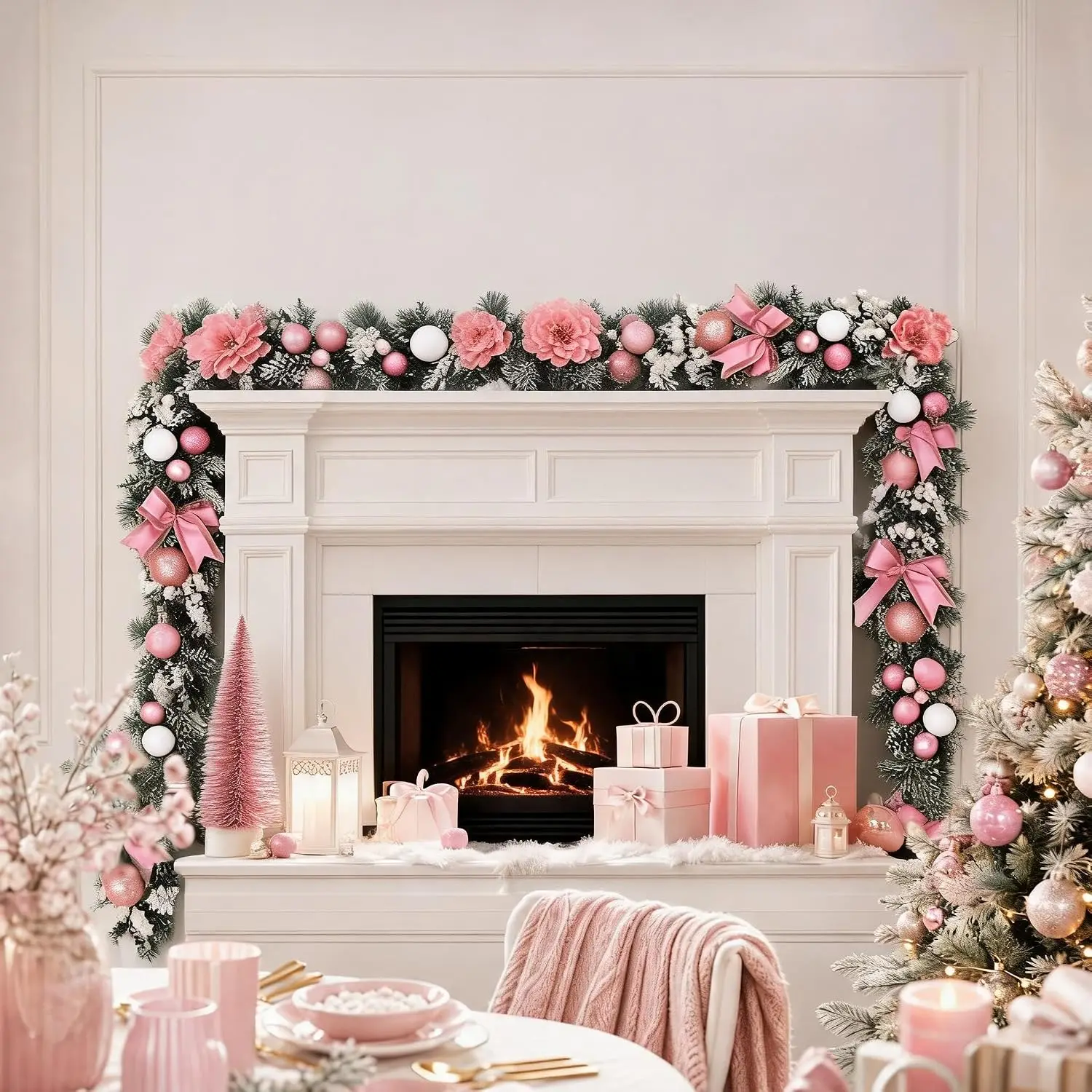 180cm Christmas Garland With Pink Magnolia Artificial Flowers 20 LED Lights 8 Modes And Timer Battery Operated Rattan Vine Decor For Indoor Outdoor Mantel Fireplace And Stair