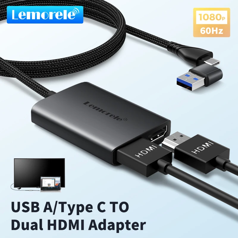 Lemorele C타입-듀얼 HDMI 어댑터, 애플 M1 M2 맥 윈도우 C타입/USB3.0 허브용, 1080P 60Hz 확장, 2 가지 화면