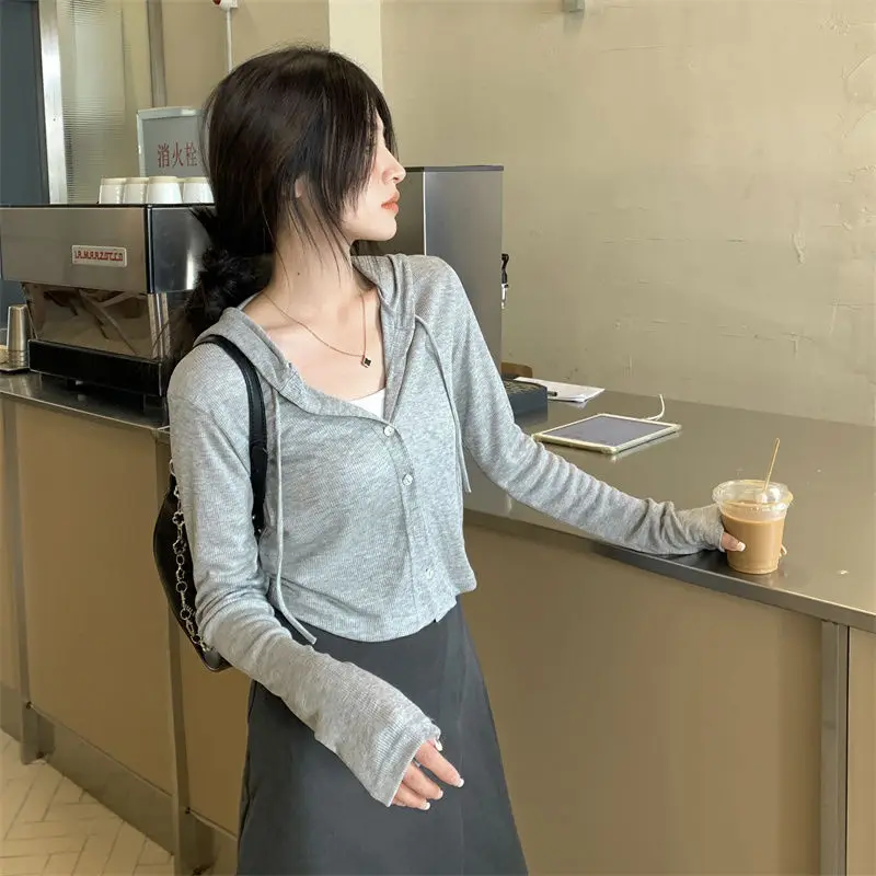 Deeptown Elegant Knitted Hooded Cardigan Women Grey Korean Fashion Sweet Crop Tops Solid Long Sleeve Casual Slim Up Streetwear