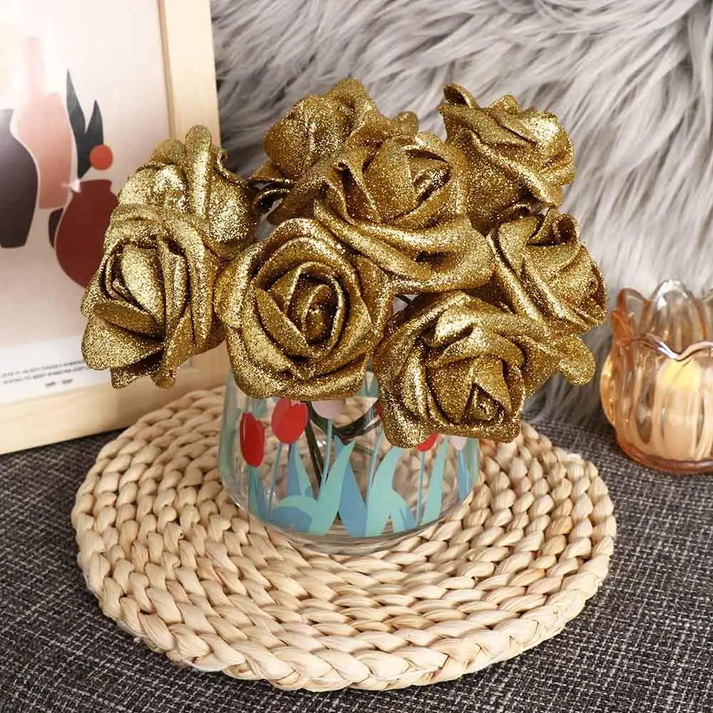 DIY Blue Roses Bride Bouquet with Glitter Powder Foam Roses Artificial Flowers Artificial Roses Decoration