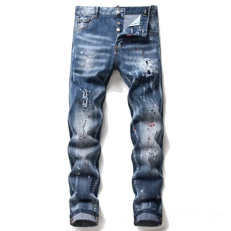 

Italian Style Stretch Denim Pants Men Blue Denim Jeans Skinny Holes Jeans High Quality Male Slim Fit Denim Trousers Size 42