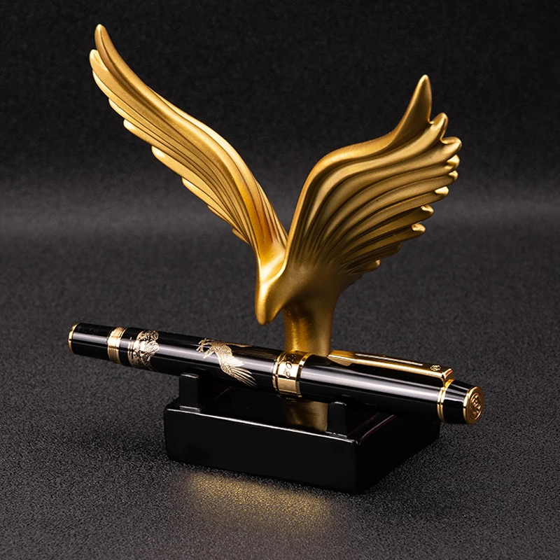 Imagem -03 - Leão Preto e Dourado Metal Fine Nib Fountain Pen Roller Ball Pen 2-head Gift Pen Gift Box Hero 8102 0.5 mm Novo