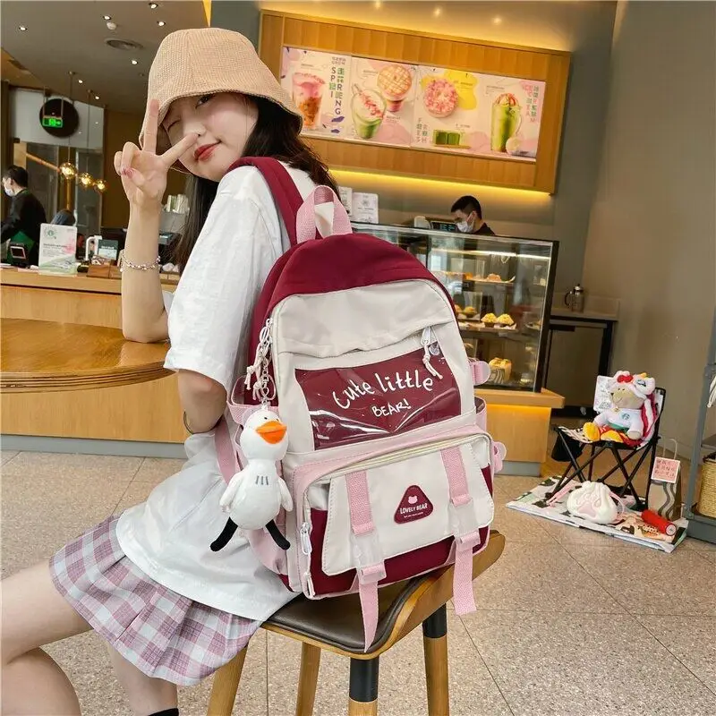 Mochila Kawaii de Color de contraste para chica, bolso de escuela secundaria de lujo para chica adolescente, mochila de viaje bonita, 2022