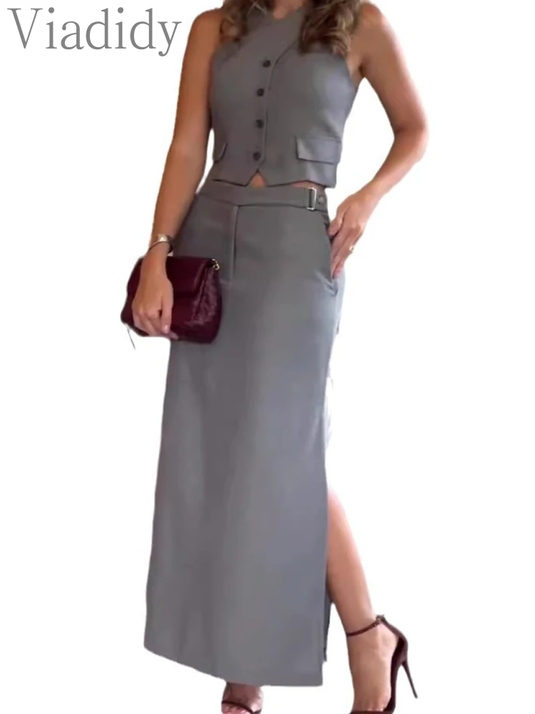 

Two Piece Suits Office Ladies Summer Vest and Long Skirts Set Womens Outfits
