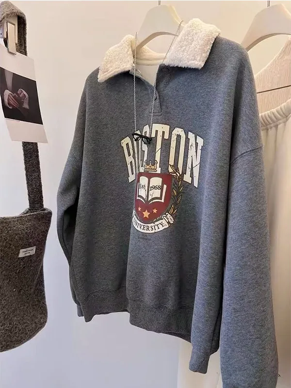 

plus Size 300 Pou Korean Sle Lamb Fur Collar Fce Lined Sweatirt Men Women Autumn Winter Loose Casual Top