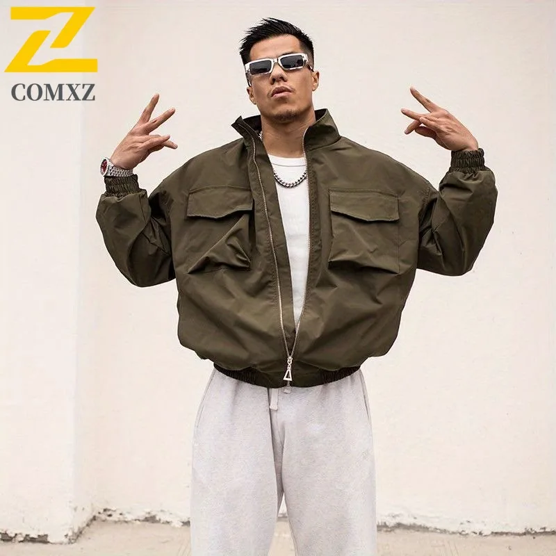 

COMXZ 2025 Men's Baseball Collar Jacket Fashion Trendy Stand Collar Multi Pocket Casual Versatile Lightweight Coat