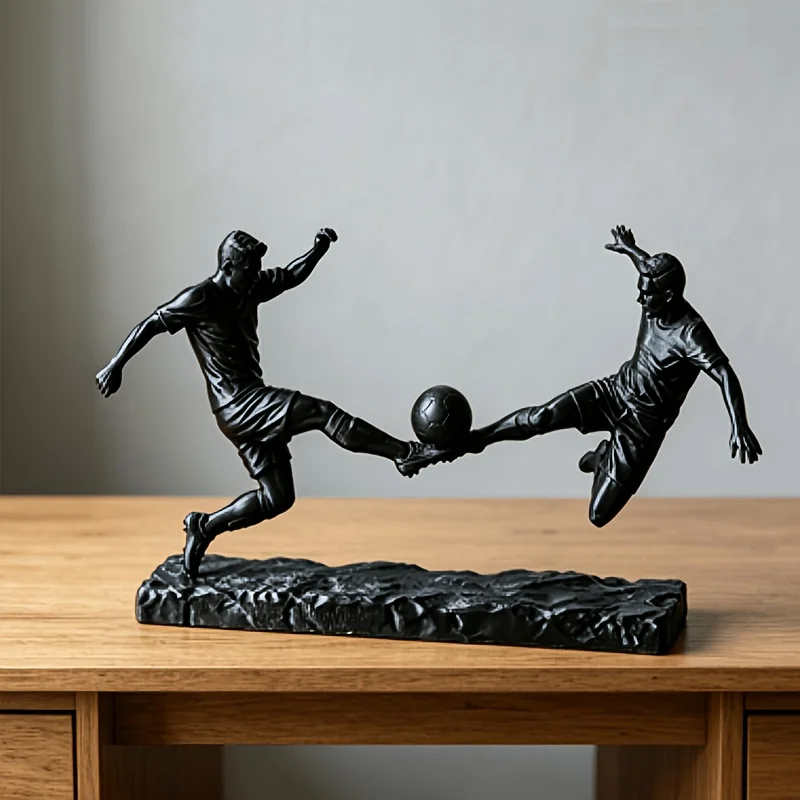 Matte Black Resin Soccer Player Statue Two Football Athletes Duel Sculpture Sports Themed Tabletop Ornament Modern Home