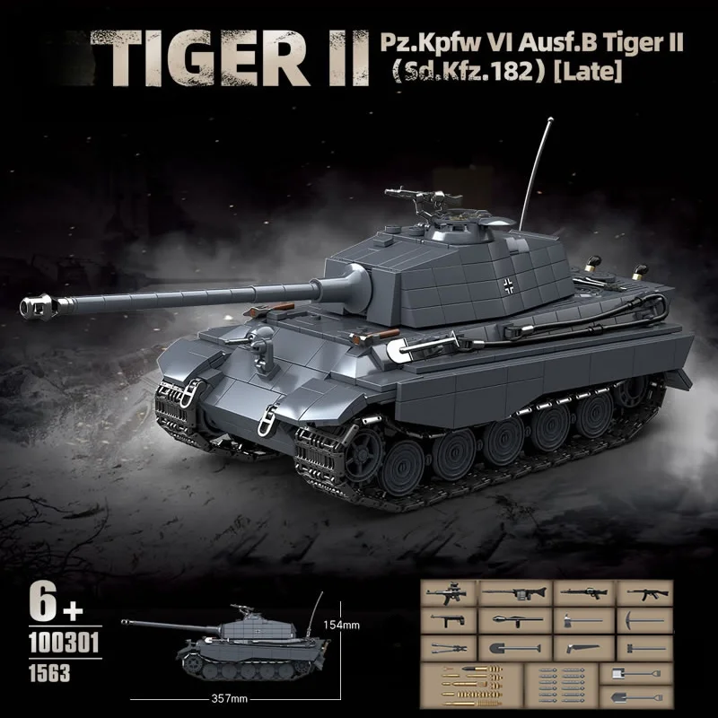 

100301 Немецкий тяжелый бронированный танк King Tiger II, модель из строительных блоков, детский конструктор для мальчиков, 1563 детали
