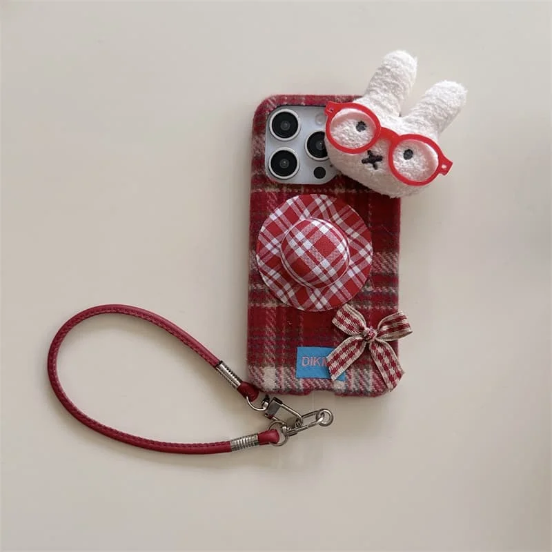 Sweet Retro Checkered Fabric Miffy Rabbit Print Phone Case for iPhone 15 16 17 18 Pro Max Cute Glasses Rabbit Decor Fabric Cover