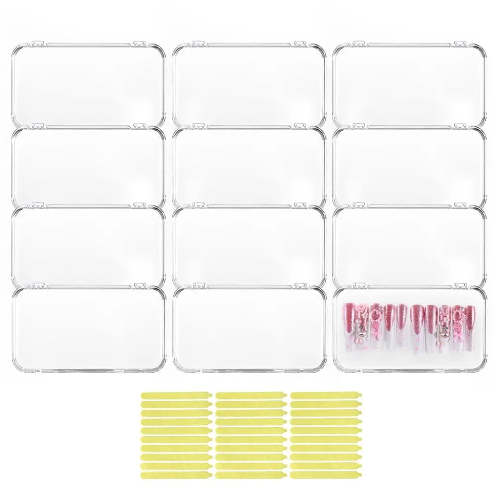 

12 больших футляров для накладных ногтей (5,1 x 2,95 дюйма) с 30 шт. двусторонней клейкой лентой, прозрачные пластиковые, B-серия